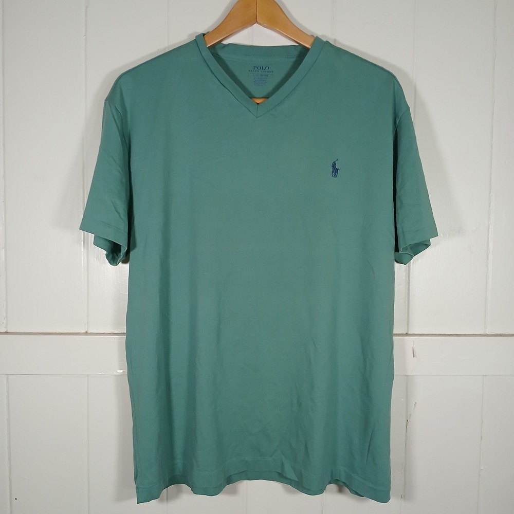 Polo Ralph Lauren V-Neck T-Shirt Mens Large Green Classic Fit Short Sleeve Pony